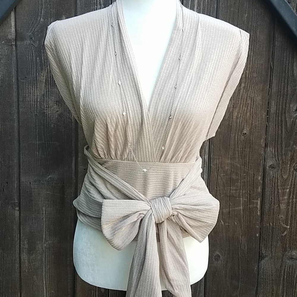 Metallic Ribbed Wrap Front Tie Top Size S